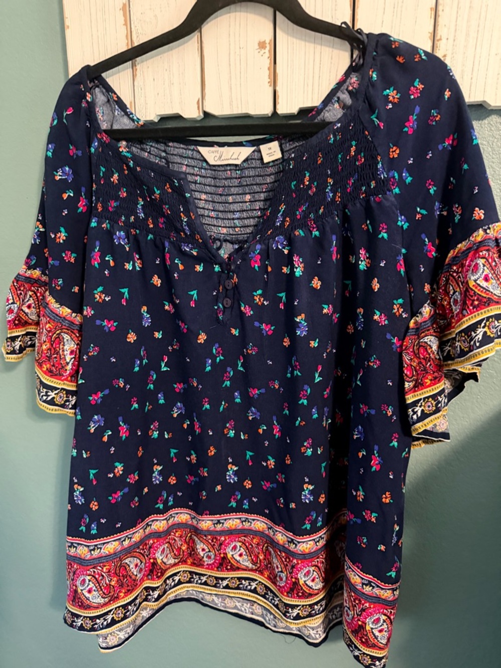 Floral Border Navy Boho Blouse with Smocked Yoke